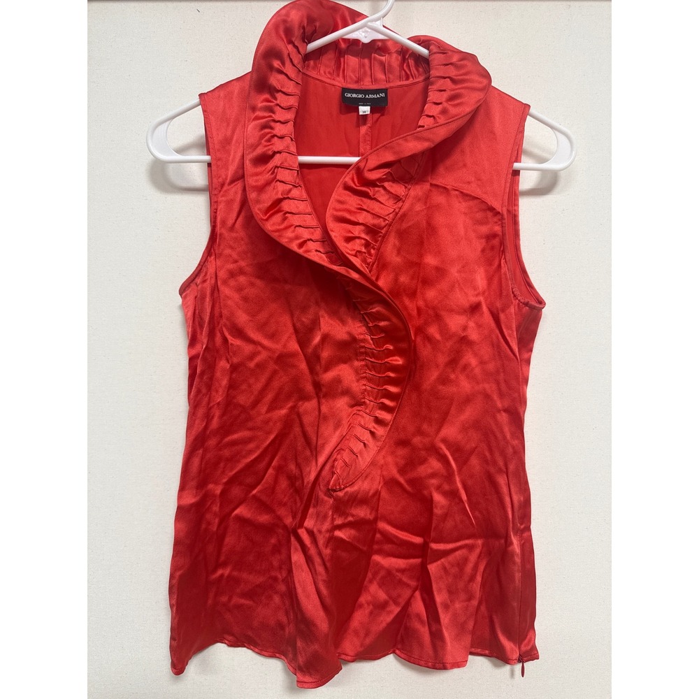Giorgio Armani Red 100% Silk Ruffle Collar Sleeveless Top Size 38 Made in Italy